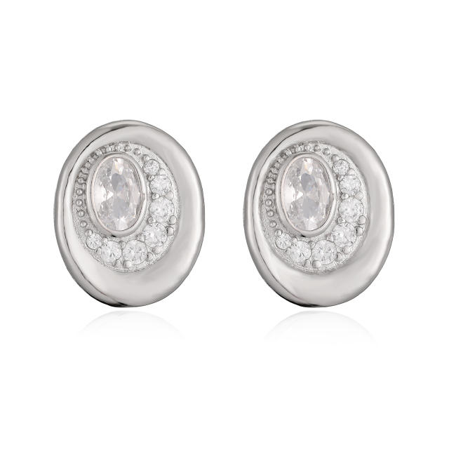 Elegant easy match oval shape gold plated copper diamond ear studs earrings