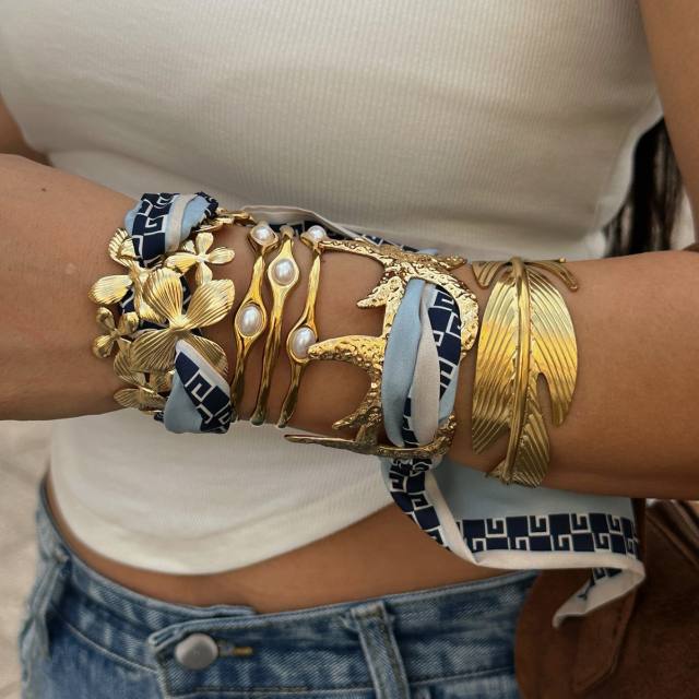 Summer gold color starfish pearl bead scarf bangle bracelet stainless steel bangle