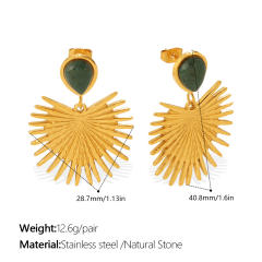 Vintage natural stone inlaid fan shape stainless steel earrings
