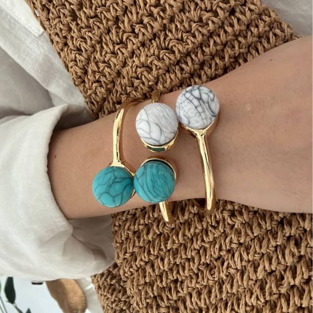 Boho turquoise stone inlaid alloy bangle bracelet