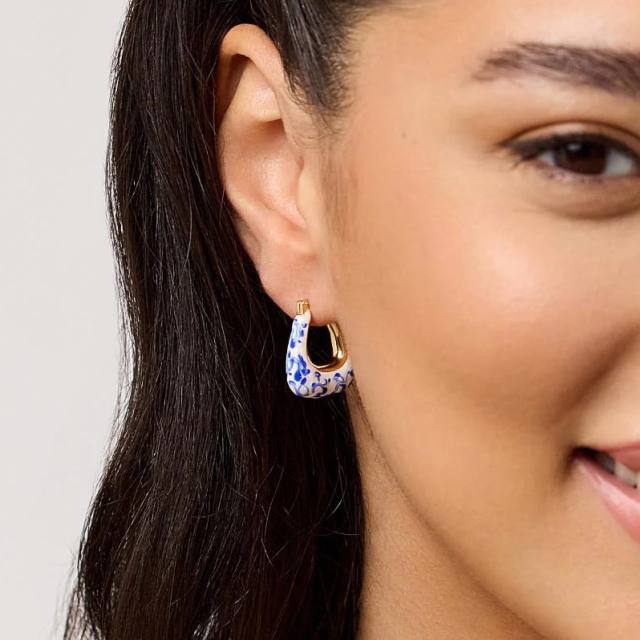 18K gold blue white porcelain earrings new Chinese oil enamel ceramic earrings Chinese style jewelry