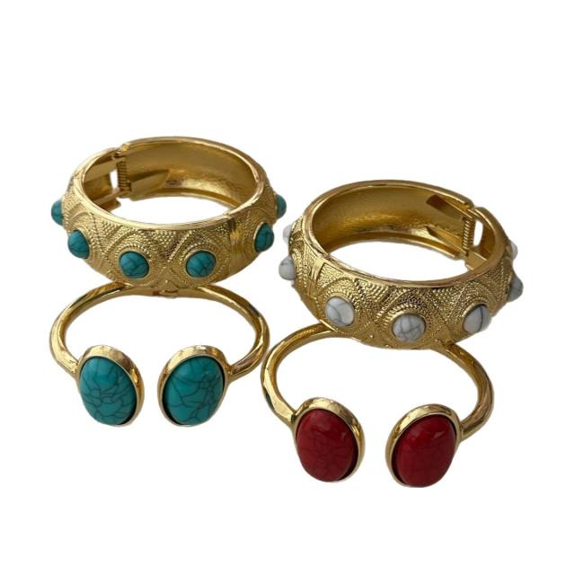 Personality vintage boho turquoise stone inlaid alloy bangle bracelet