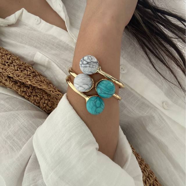 Boho turquoise stone inlaid alloy bangle bracelet