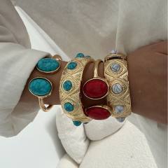 Personality vintage boho turquoise stone inlaid alloy bangle bracelet