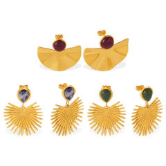 Vintage natural stone inlaid fan shape stainless steel earrings