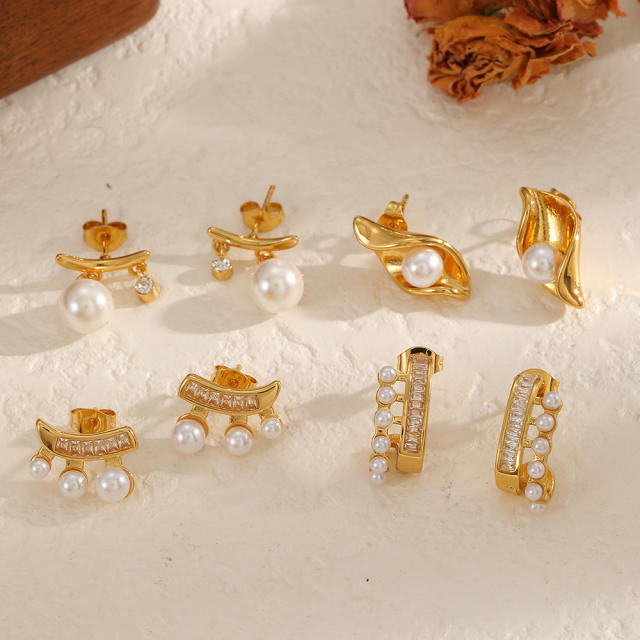 Elegant pearl bead inlaid unique women stainless steel earrings studs earrings