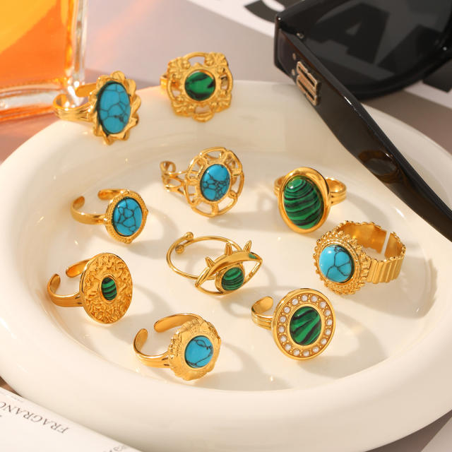 Vintage turquoise stone natural stone inlaid stainless steel rings