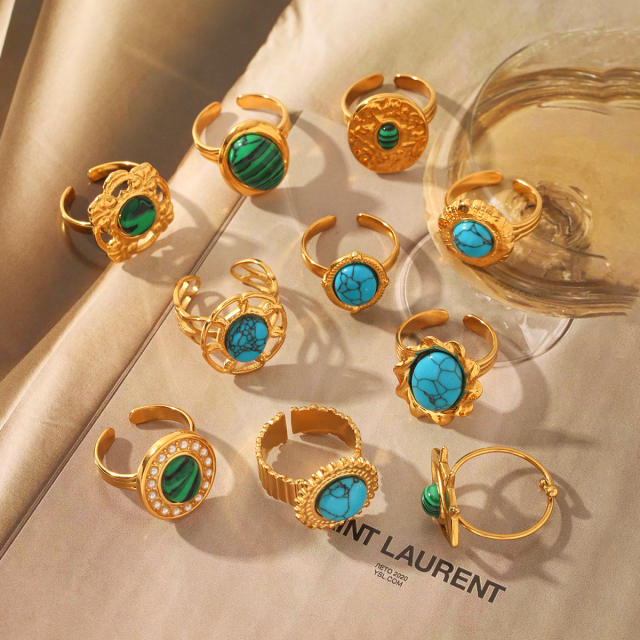Vintage turquoise stone natural stone inlaid stainless steel rings