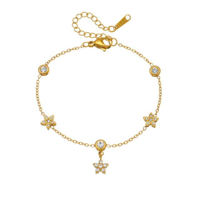 Delicate diamond flower thin chain stainless steel bracelet