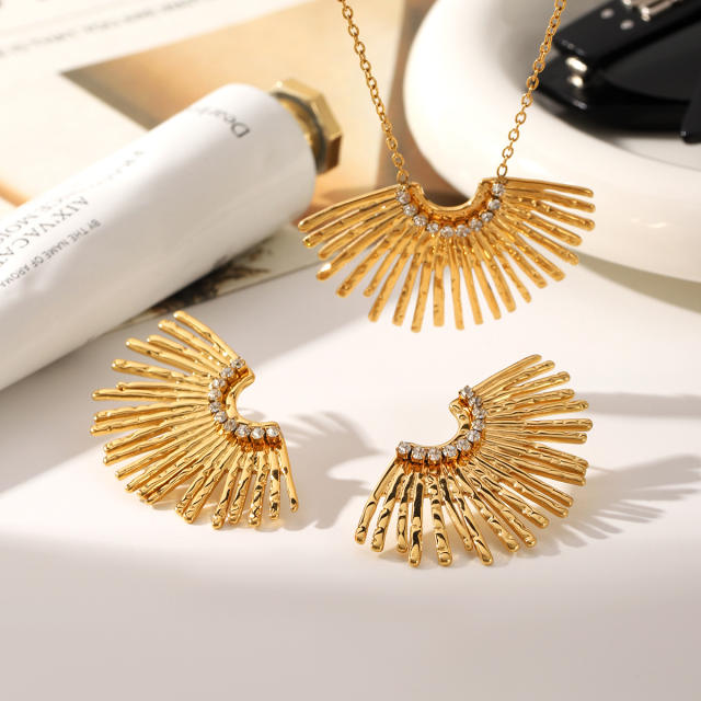 Unique diamond fan shape sereis stainless steel necklace earrings set