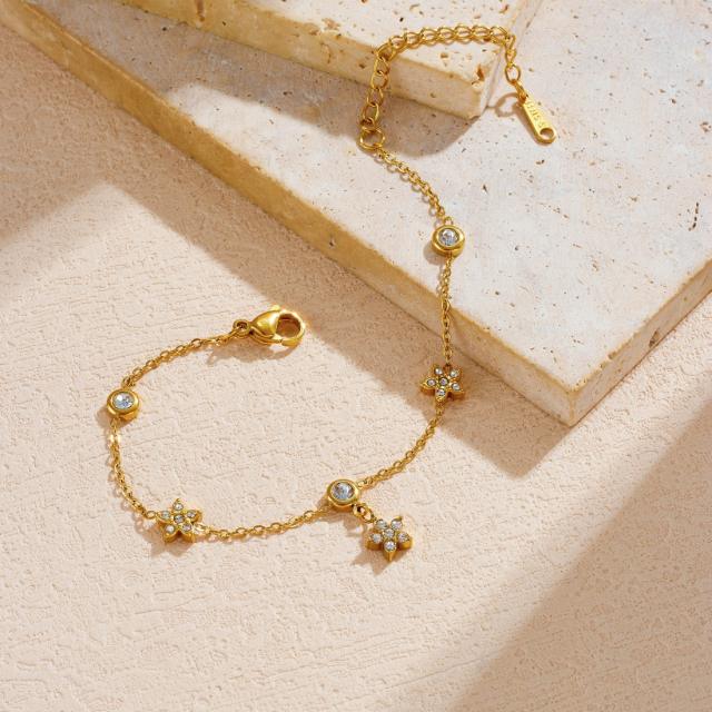 Delicate diamond flower thin chain stainless steel bracelet