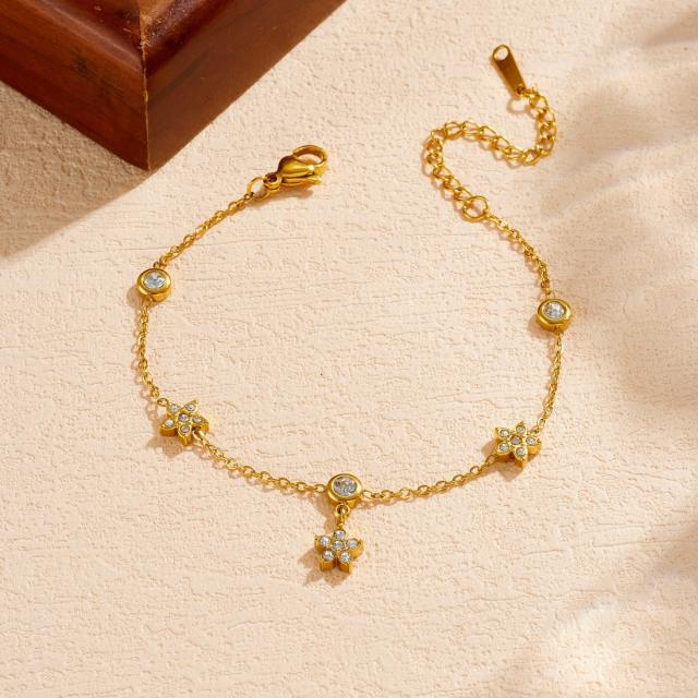 Delicate diamond flower thin chain stainless steel bracelet