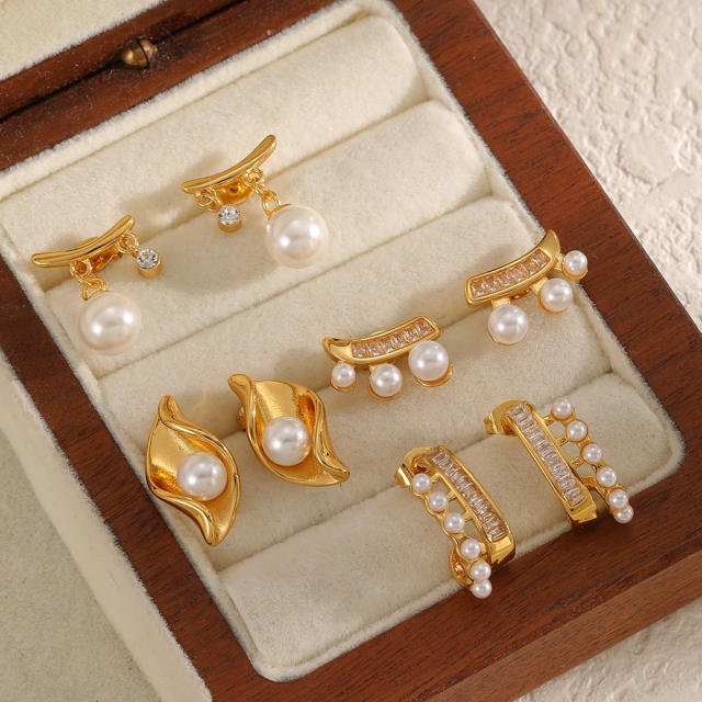 Elegant pearl bead inlaid unique women stainless steel earrings studs earrings