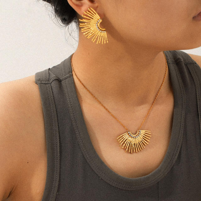 Unique diamond fan shape sereis stainless steel necklace earrings set