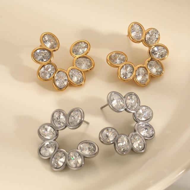 18KG elgant cubic zircon leaf flower stainless steel earrings
