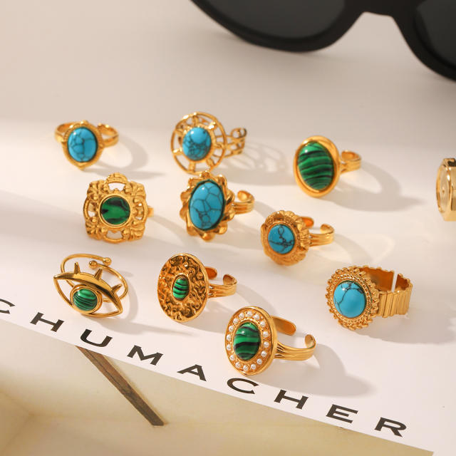 Vintage turquoise stone natural stone inlaid stainless steel rings