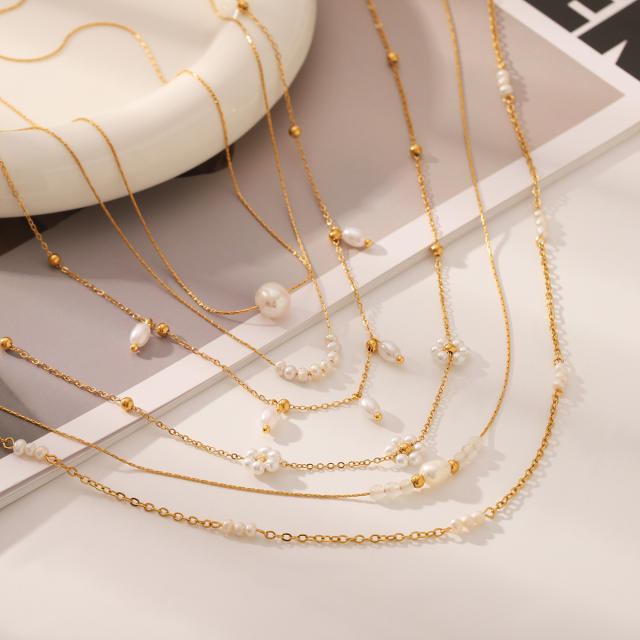 French trend elegant pearl bead stainless steel necklace