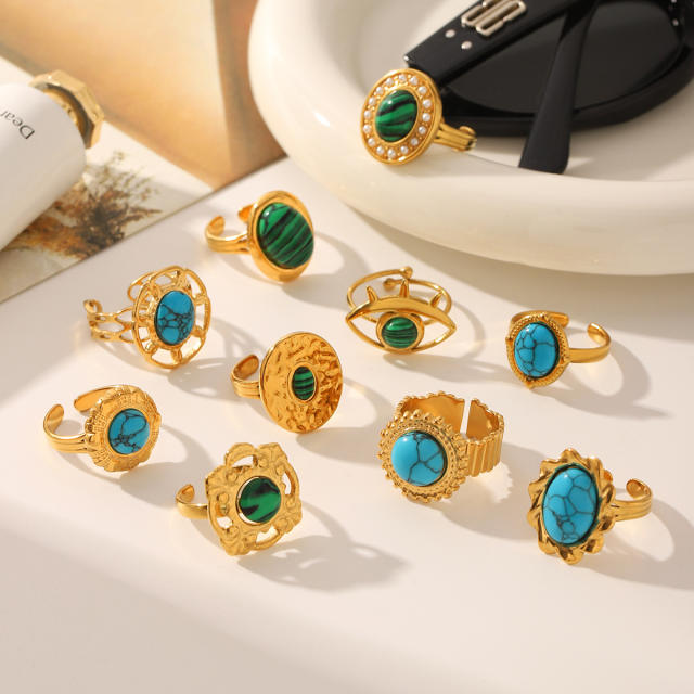 Vintage turquoise stone natural stone inlaid stainless steel rings