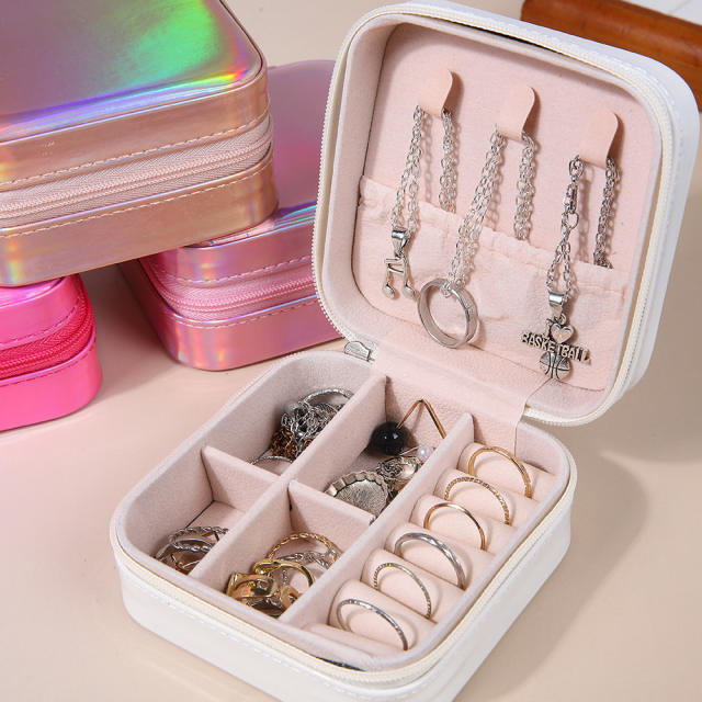 Laser Jewelry Box Simple Mirror PU Laser Jewelry Box Travel Portable Earrings Necklace Storage Box