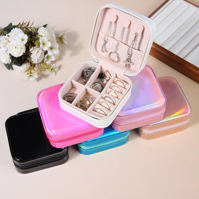 Laser Jewelry Box Simple Mirror PU Laser Jewelry Box Travel Portable Earrings Necklace Storage Box