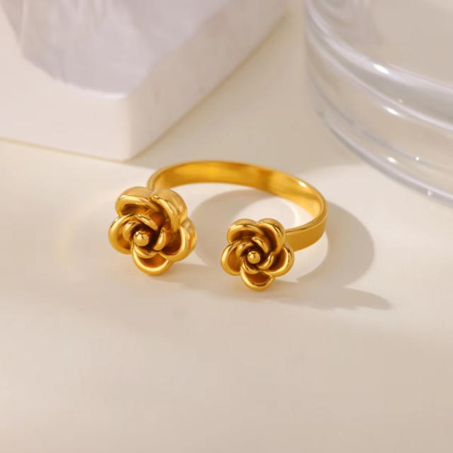 Simple rose flower stainless steel rings adjustable rings for women