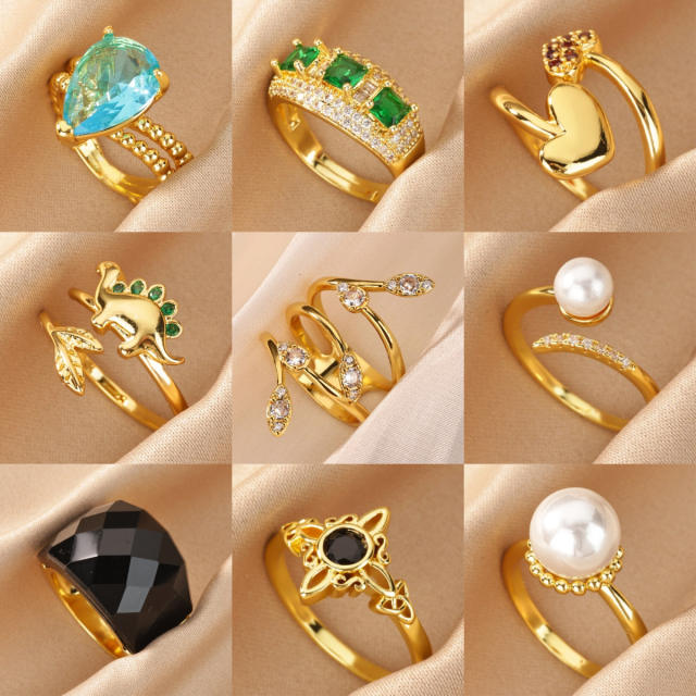 Delicate gold plated copper diamond pearl inlaid finger rings for women
