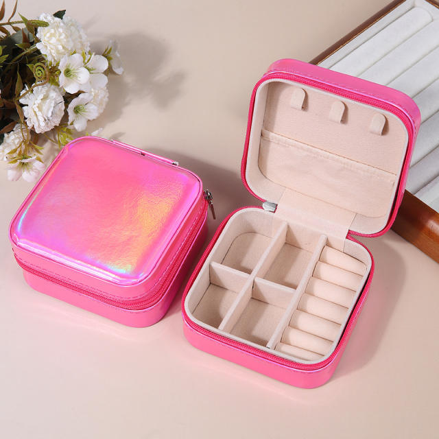 Laser Jewelry Box Simple Mirror PU Laser Jewelry Box Travel Portable Earrings Necklace Storage Box