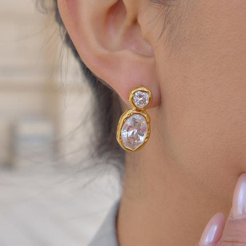 18KG cubic zircon inlaid unique design stainless steel earrings