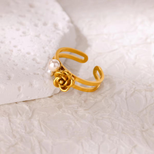 Simple rose flower stainless steel rings adjustable rings for women