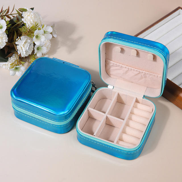 Laser Jewelry Box Simple Mirror PU Laser Jewelry Box Travel Portable Earrings Necklace Storage Box