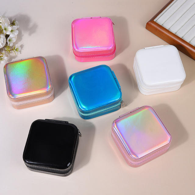 Laser Jewelry Box Simple Mirror PU Laser Jewelry Box Travel Portable Earrings Necklace Storage Box