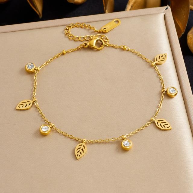 Simple hollow leaf diamond charm thin chain stainless steel bracelet