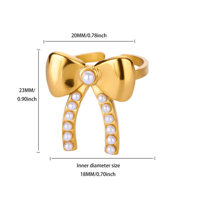 18KG pearl bead butterfly bow heart stainless steel rings