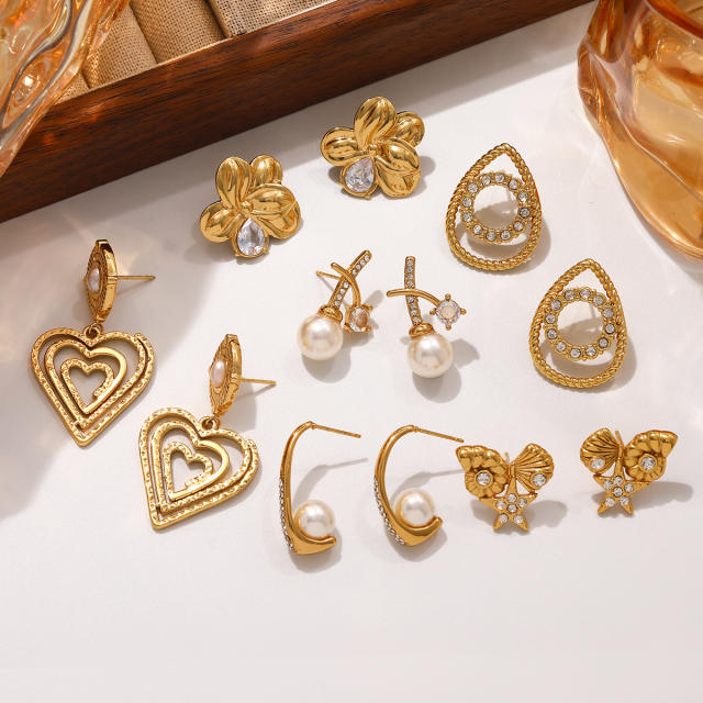 French trend cubic zircon inlaid stainless steel studs earrings