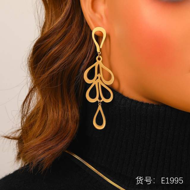 Hollow out geometric leaf stainless steel necklace earrings set