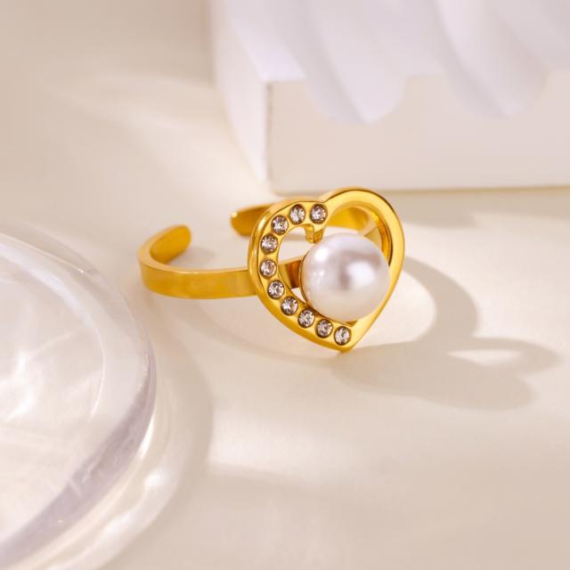 18KG pearl bead butterfly bow heart stainless steel rings