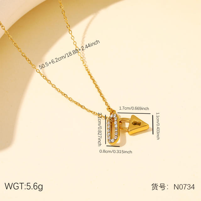 18KG diamond paperclip pendant heart lock stainless steel necklace earrings set