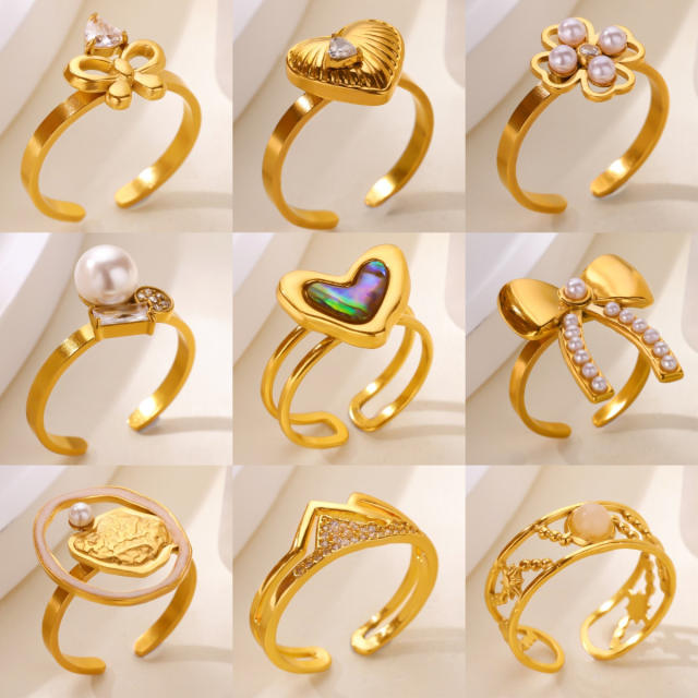 18KG pearl bead butterfly bow heart stainless steel rings
