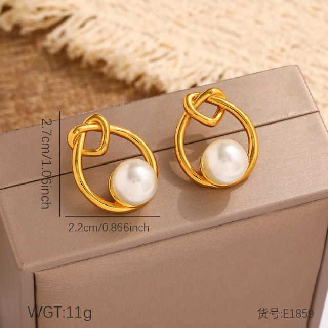 Concise pearl inlaid stainless steel earrings studs