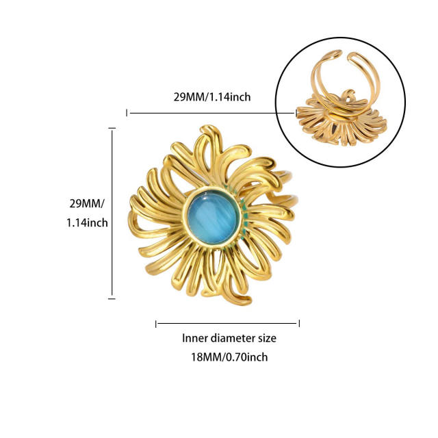 New French Retro Natural Stone Zircon Ring Flower Round Opening Stainless Steel Ring
