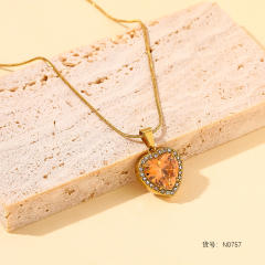 Colorful square heart diamond pendant stainless steel necklace