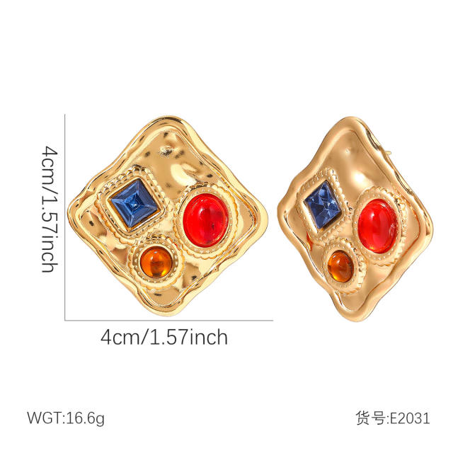 Eleagnt colorful crystal inlaid square stainless steel earrings