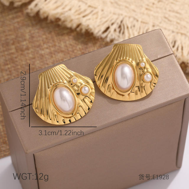 Concise pearl inlaid stainless steel earrings studs
