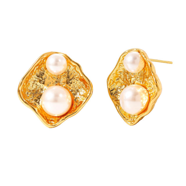 French Retro Stainless Steel Flower Earrings for Women Pearl earrings