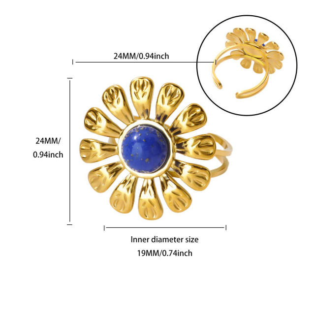 New French Retro Natural Stone Zircon Ring Flower Round Opening Stainless Steel Ring