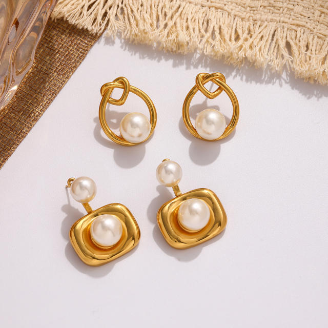 Concise pearl inlaid stainless steel earrings studs