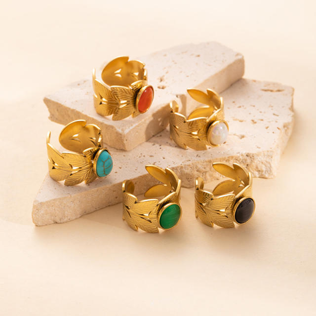 Easy match colorful natural stone inlaid stainless steel rings