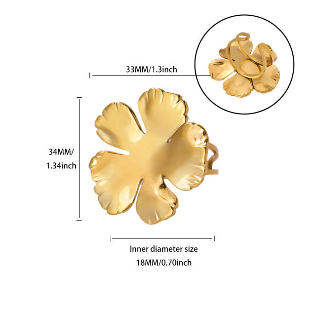 New French Retro Natural Stone Zircon Ring Flower Round Opening Stainless Steel Ring