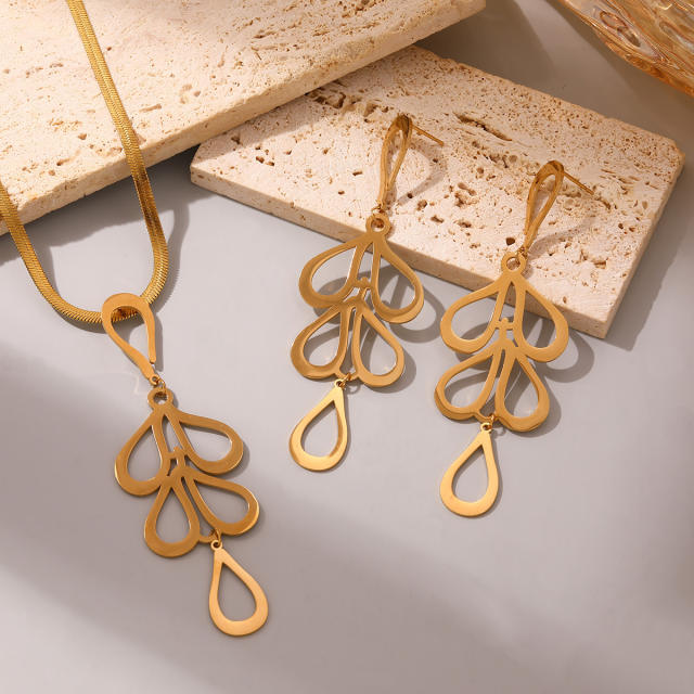 Hollow out geometric leaf stainless steel necklace earrings set