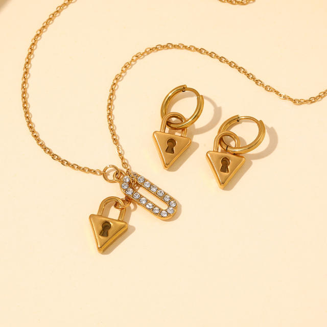 18KG diamond paperclip pendant heart lock stainless steel necklace earrings set
